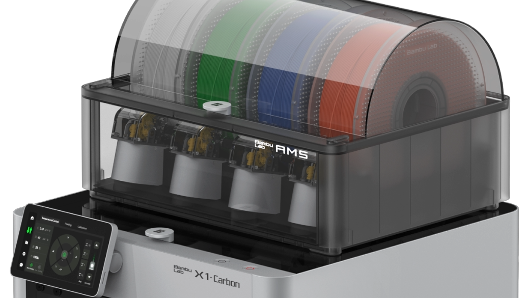 Bambu Lab 3D printer with filament spools on a white background